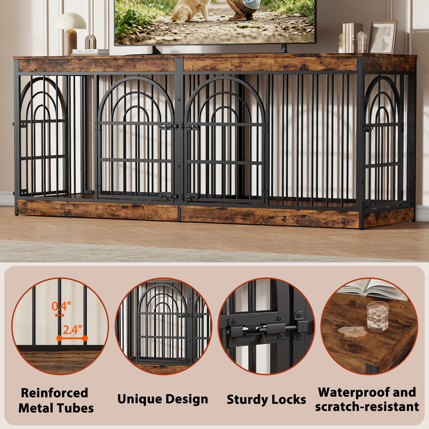 Amlancher Dog Crate Furniture for 2 Small Dogs, Heavy Duty Wooden Kennel with Removable Divider & Retro Round Door