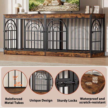 Amlancher Dog Crate Furniture for 2 Small Dogs, Heavy Duty Wooden Kennel with Removable Divider & Retro Round Door