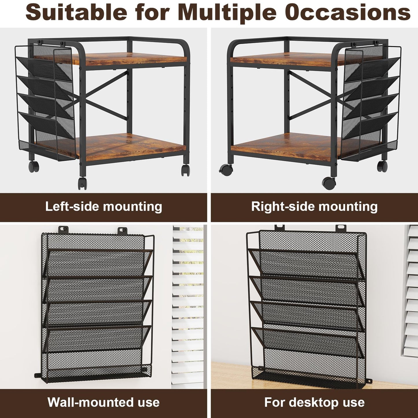 POAO Large Printer Stand with File Holder Organizer,Adjustable Height Shelf with Wheels,Rolling Printer Cart with Storage for Home Office,Rustic Brown