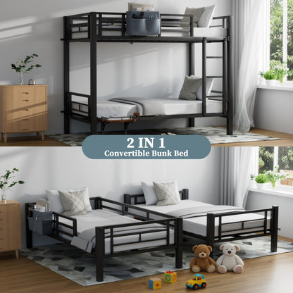 POAO Bunk Bed Twin Over Twin, Heavy Duty Metal Bunkbeds with High Guardraill, Convertible into 2 Individual Beds, Storage Bag & Desk Board, Under-Bed Storage Space, Noise Free, Black