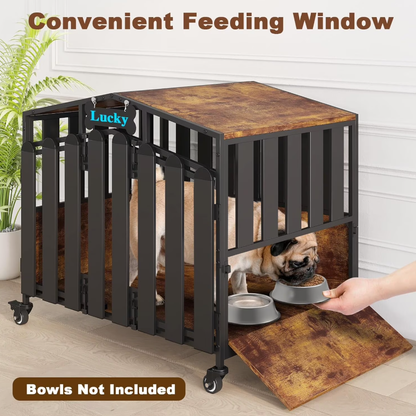 POAO Heavy Duty Dog Crate Furniture with 360°Wheels,Dog Kennel Indoor for Small Dogs,Wooden Dog Cage with Feeding Window &Name Tag