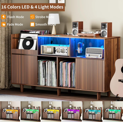 POAO 55" Record Player Stand with Power Outlets & LED Lights, Record Player Table Cabinet with Vinyl Record Storage for 500 Albums, Turntable Stand