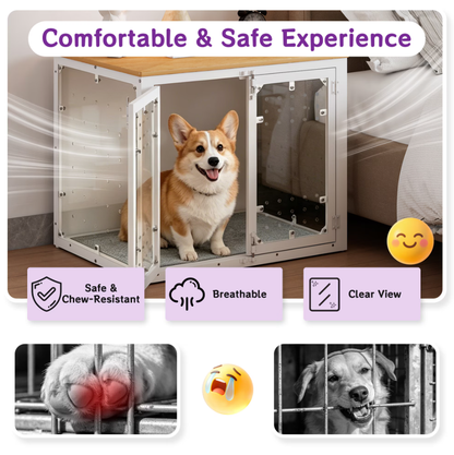 POAO 31.5''Dog Crate Furniture for Medium Large Dogs(20-40 lb), Decorative Dog Kennel with Acrylic Window Washable Mat, Escape-Proof Chew-Proof Anxiety Relief Dog Cage