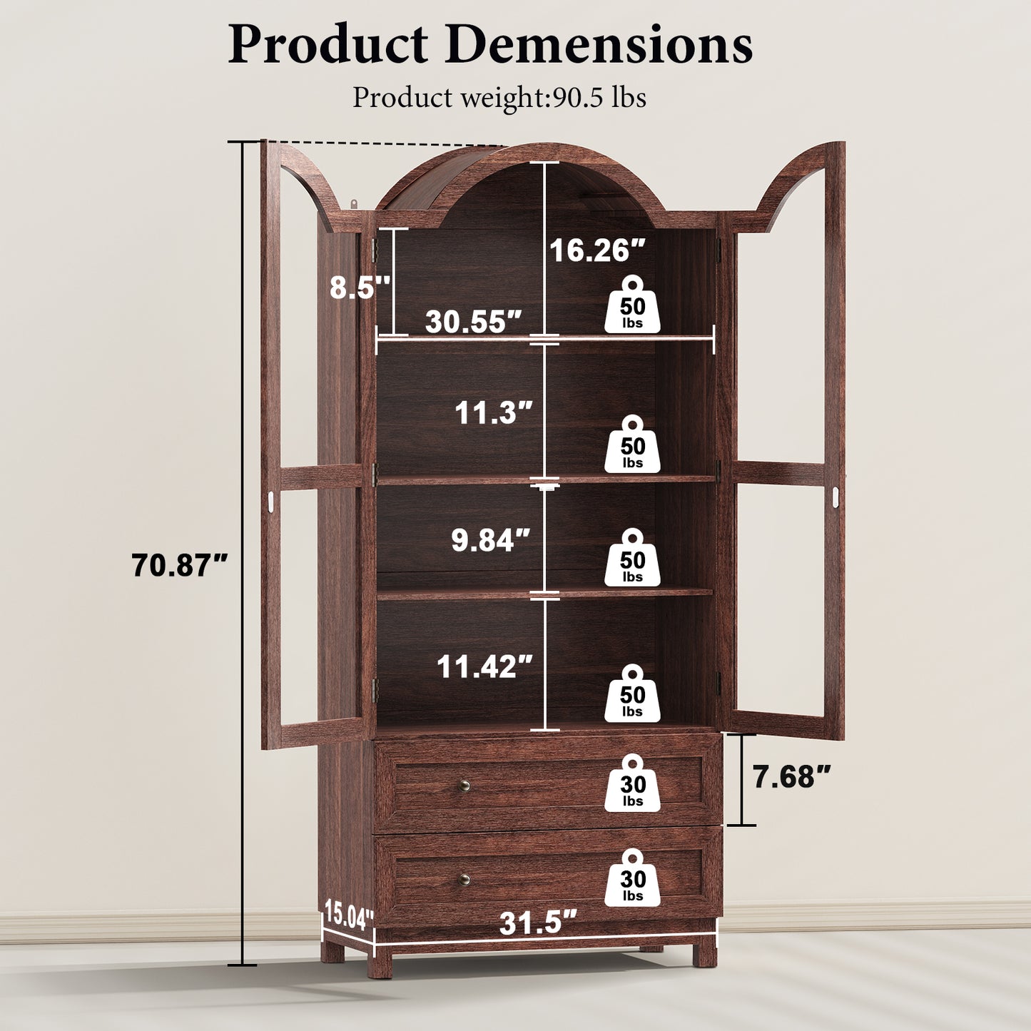 Amlancher 71" Tall Arched Farmhouse Pantry Cabinet, Wood Kitchen Storage with 2 Large Drawers, 4-Tier Adjustable Shelves, Magnetic Doors