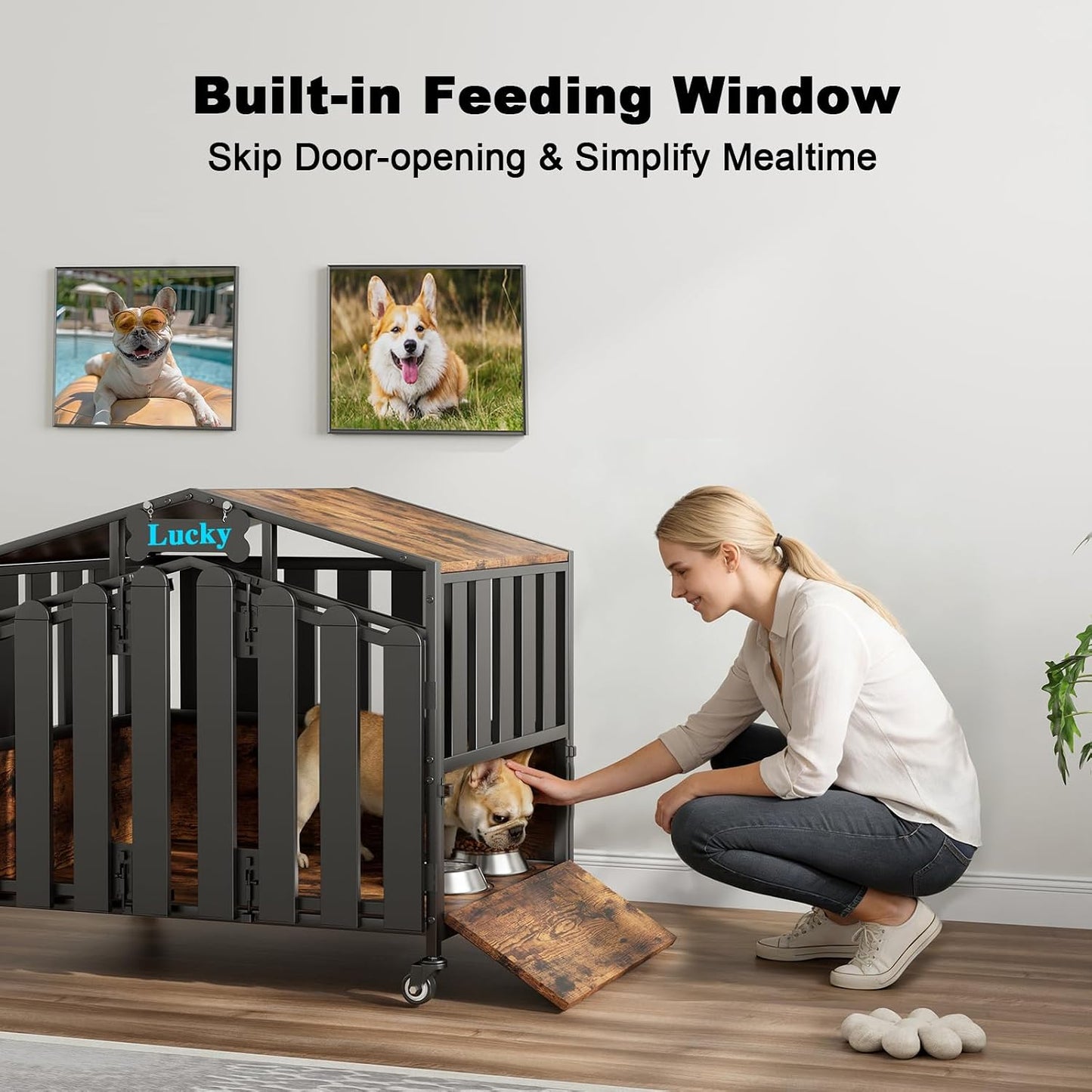 Amlancher Dog Crate Furniture, Heavy Duty Wooden Dog Kennel Indoor with 360° Wheels & Feeding Window, Elevated Roof Cabin Style Dog House for Large Dogs