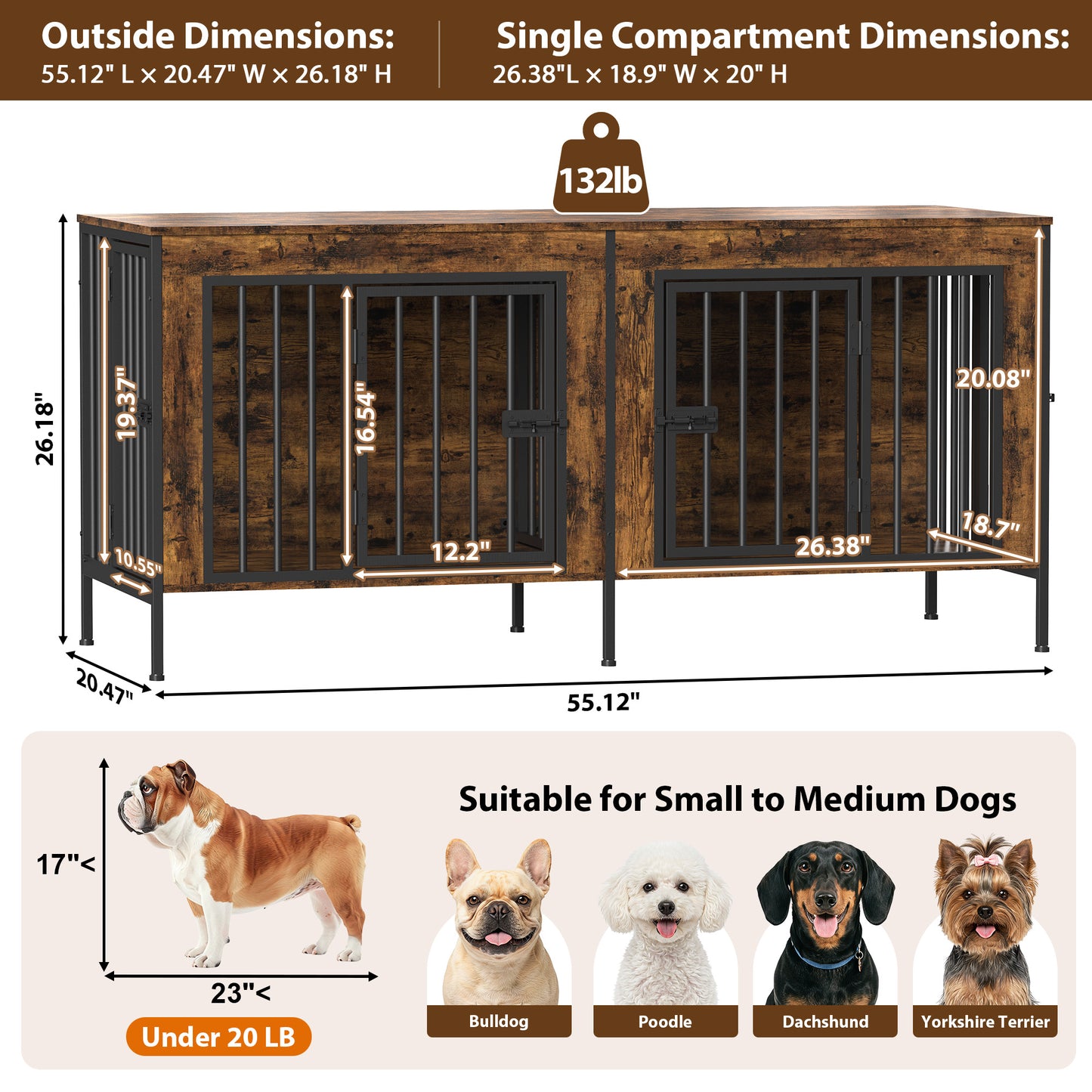 55" Double Dog Crate Furniture for Small to Medium Dogs (1–2 Dogs), Heavy Duty Wooden Kennel with Removable Divider & Raised Legs, Multi-Functional Indoor Pet Cage – TV/Plant/Display Stand, Brown