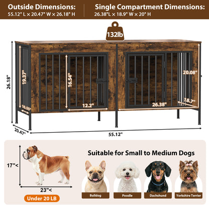 55" Double Dog Crate Furniture for Small to Medium Dogs (1–2 Dogs), Heavy Duty Wooden Kennel with Removable Divider & Raised Legs, Multi-Functional Indoor Pet Cage – TV/Plant/Display Stand, Brown