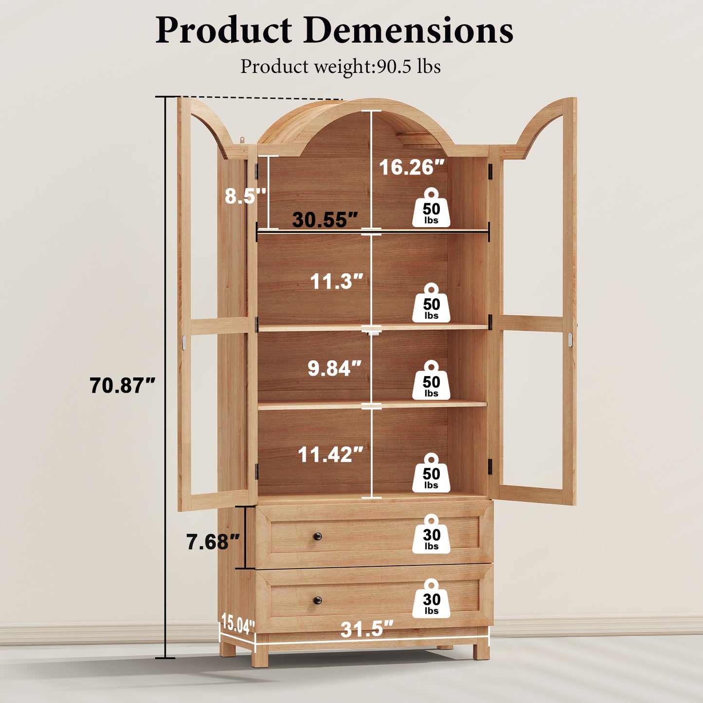 Amlancher 71" Tall Arched Farmhouse Pantry Cabinet, Wood Kitchen Storage with 2 Large Drawers, 4-Tier Adjustable Shelves, Magnetic Doors