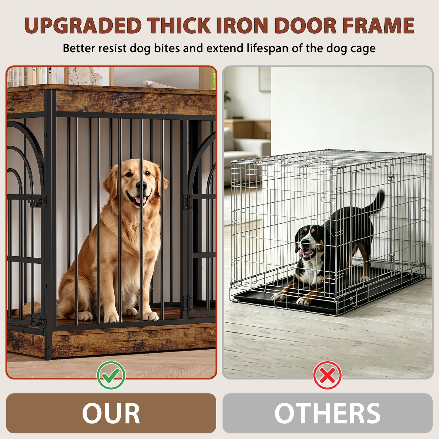 Amlancher Dog Crate Furniture for 2 Small Dogs, Heavy Duty Wooden Kennel with Removable Divider & Retro Round Door
