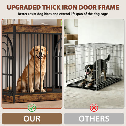 Amlancher Dog Crate Furniture for 2 Small Dogs, Heavy Duty Wooden Kennel with Removable Divider & Retro Round Door