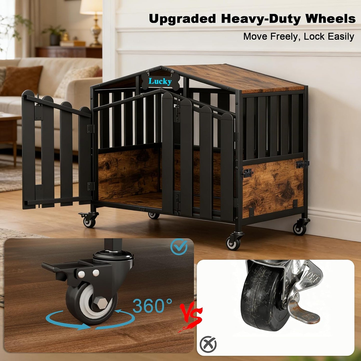 Amlancher Dog Crate Furniture, Heavy Duty Wooden Dog Kennel Indoor with 360° Wheels & Feeding Window, Elevated Roof Cabin Style Dog House for Large Dogs