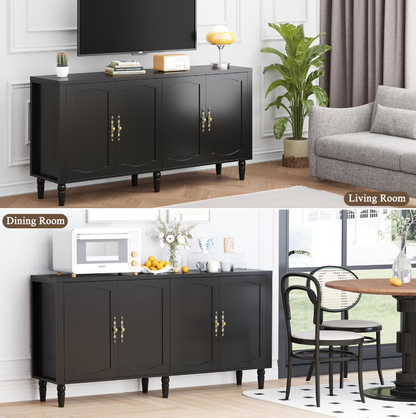 POAO 63" Sideboard Buffet Cabinet with Storage, Adjustable Shelf & 4 Doors Credenza,Mid Century Modern Sideboard for Dining Room Living Room Black