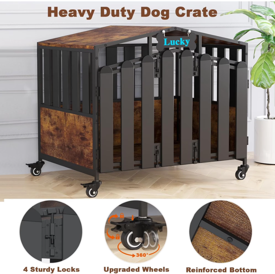 POAO Heavy Duty Dog Crate Furniture with 360°Wheels,Dog Kennel Indoor for Small Dogs,Wooden Dog Cage with Feeding Window &Name Tag