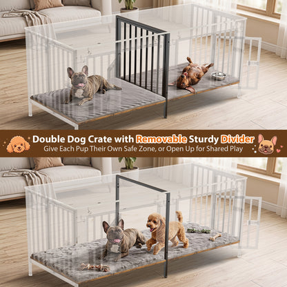55" Double Dog Crate Furniture for Small to Medium Dogs (1–2 Dogs), Heavy Duty Wooden Kennel with Removable Divider & Raised Legs, Multi-Functional Indoor Pet Cage – TV/Plant/Display Stand, Brown