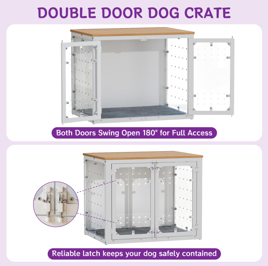 POAO 31.5''Dog Crate Furniture for Medium Large Dogs(20-40 lb), Decorative Dog Kennel with Acrylic Window Washable Mat, Escape-Proof Chew-Proof Anxiety Relief Dog Cage
