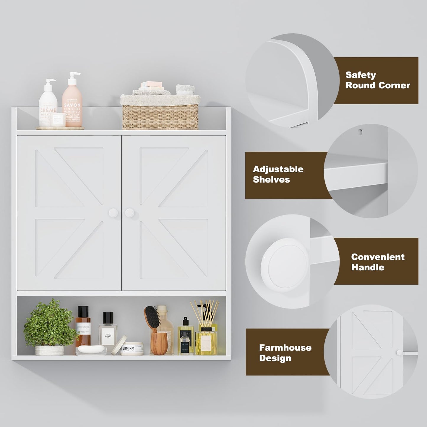 POAO Bathroom Wall Storage Cabinet, Wooden Medicine Cabinet with Adjustable Shelves and Double Barn Doors, Over The Toilet Storage Cabinet,White