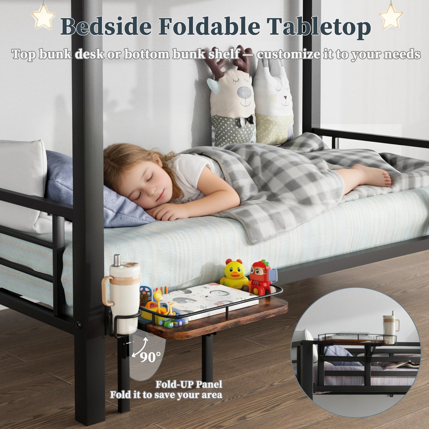 POAO Bunk Bed Twin Over Twin, Heavy Duty Metal Bunkbeds with High Guardraill, Convertible into 2 Individual Beds, Storage Bag & Desk Board, Under-Bed Storage Space, Noise Free, Black