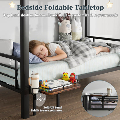 POAO Bunk Bed Twin Over Twin, Heavy Duty Metal Bunkbeds with High Guardraill, Convertible into 2 Individual Beds, Storage Bag & Desk Board, Under-Bed Storage Space, Noise Free, Black