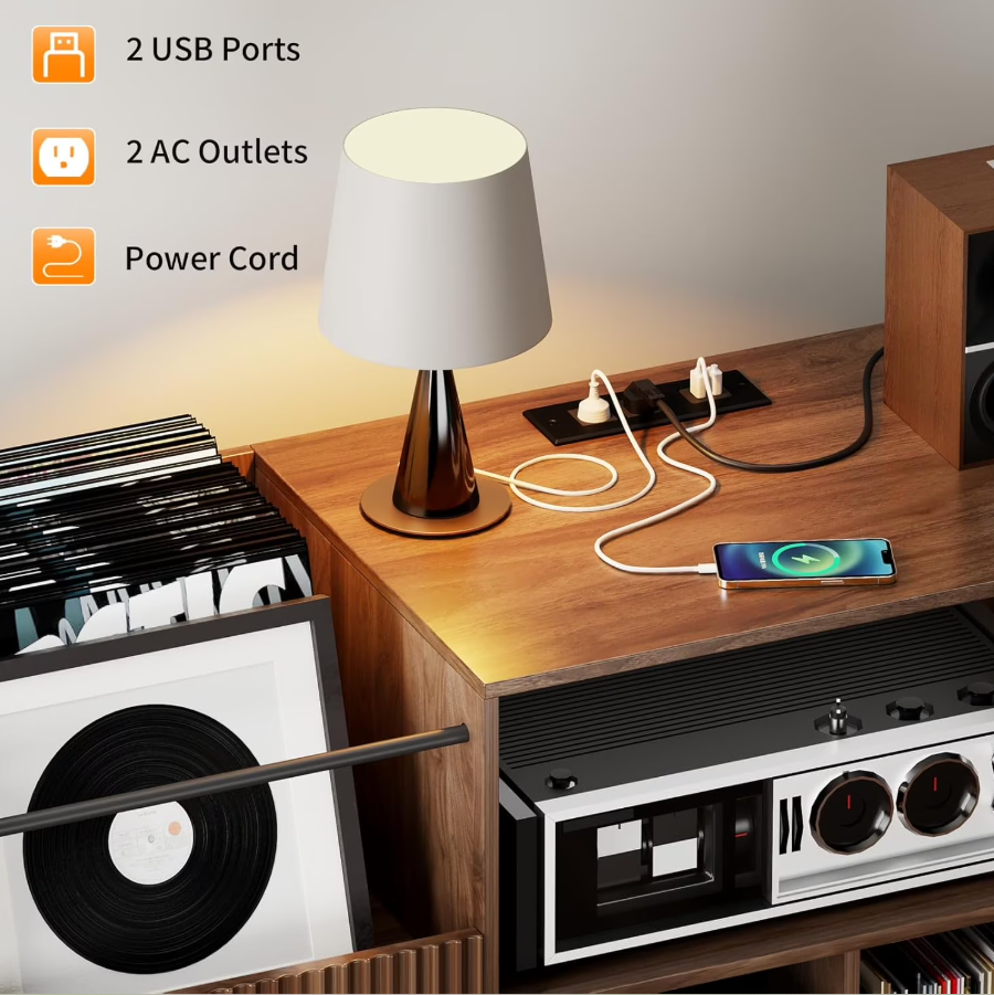 POAO 55" Record Player Stand with Power Outlets & LED Lights, Record Player Table Cabinet with Vinyl Record Storage for 500 Albums, Turntable Stand