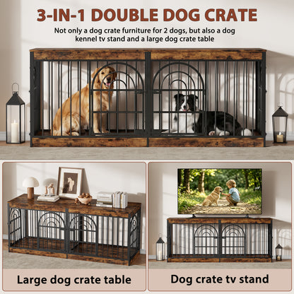 Amlancher Dog Crate Furniture for 2 Small Dogs, Heavy Duty Wooden Kennel with Removable Divider & Retro Round Door