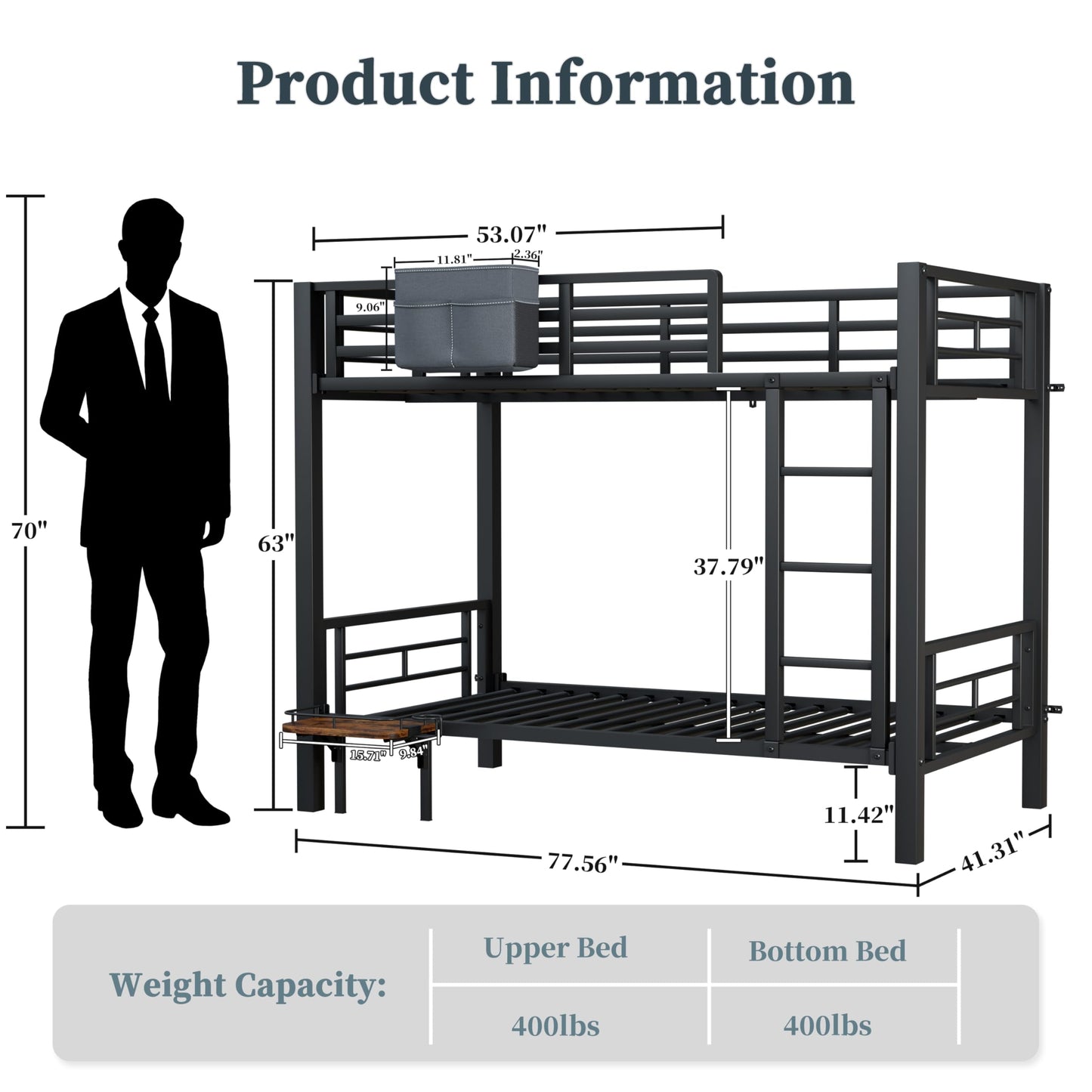 POAO Bunk Bed Twin Over Twin, Heavy Duty Metal Bunkbeds with High Guardraill, Convertible into 2 Individual Beds, Storage Bag & Desk Board, Under-Bed Storage Space, Noise Free, Black