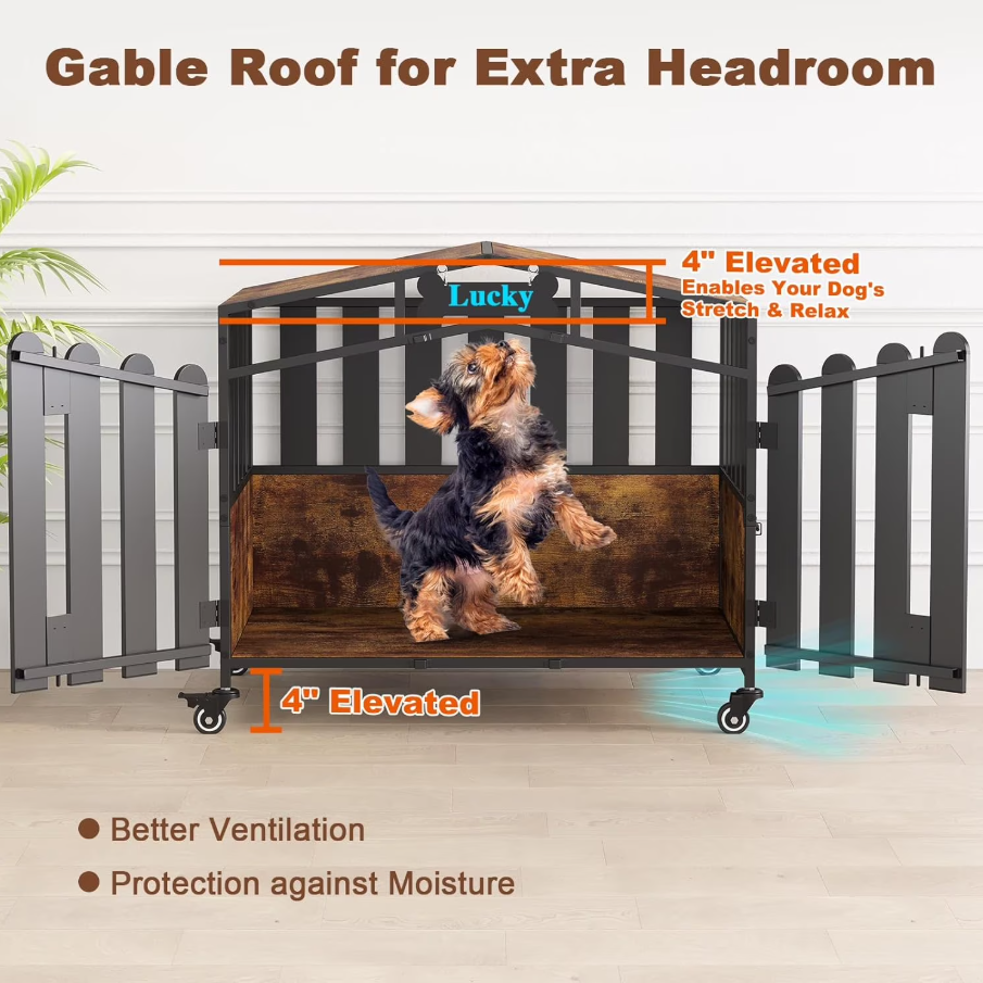 POAO Heavy Duty Dog Crate Furniture with 360°Wheels,Dog Kennel Indoor for Small Dogs,Wooden Dog Cage with Feeding Window &Name Tag