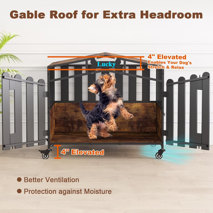 POAO Heavy Duty Dog Crate Furniture with 360°Wheels,Dog Kennel Indoor for Small Dogs,Wooden Dog Cage with Feeding Window &Name Tag