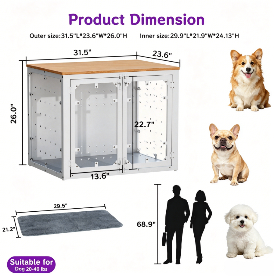 POAO 31.5''Dog Crate Furniture for Medium Large Dogs(20-40 lb), Decorative Dog Kennel with Acrylic Window Washable Mat, Escape-Proof Chew-Proof Anxiety Relief Dog Cage