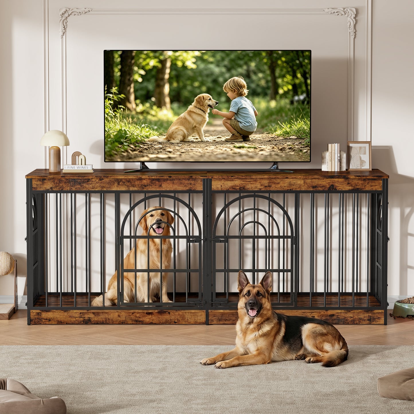 Amlancher Dog Crate Furniture for 2 Small Dogs, Heavy Duty Wooden Kennel with Removable Divider & Retro Round Door
