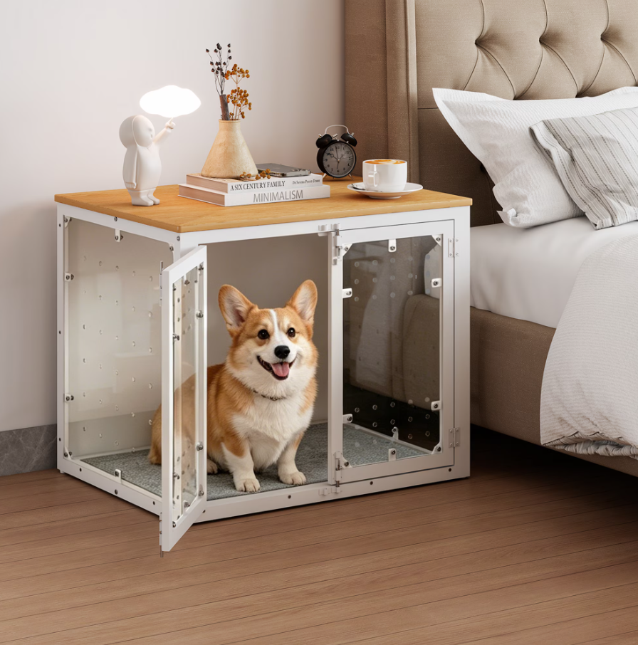 POAO 31.5''Dog Crate Furniture for Medium Large Dogs(20-40 lb), Decorative Dog Kennel with Acrylic Window Washable Mat, Escape-Proof Chew-Proof Anxiety Relief Dog Cage