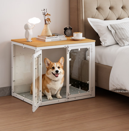 POAO 31.5''Dog Crate Furniture for Medium Large Dogs(20-40 lb), Decorative Dog Kennel with Acrylic Window Washable Mat, Escape-Proof Chew-Proof Anxiety Relief Dog Cage