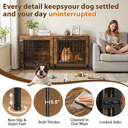 55" Double Dog Crate Furniture for Small to Medium Dogs (1–2 Dogs), Heavy Duty Wooden Kennel with Removable Divider & Raised Legs, Multi-Functional Indoor Pet Cage – TV/Plant/Display Stand, Brown