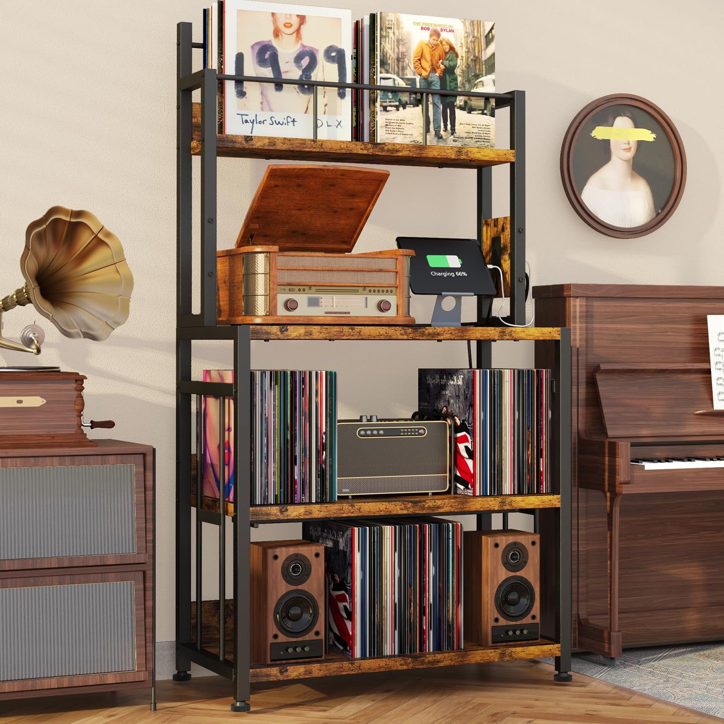 POAO Vinyl Record Stand Holds 300 Records,Record Player Stand with Vinyl Storage,Large Record Player Table with Power Outlet,Brown