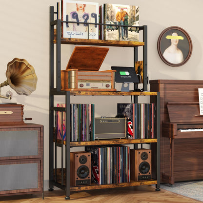 POAO Vinyl Record Stand Holds 300 Records,Record Player Stand with Vinyl Storage,Large Record Player Table with Power Outlet,Brown