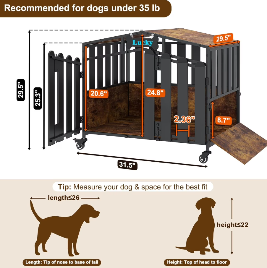 POAO Heavy Duty Dog Crate Furniture with 360°Wheels,Dog Kennel Indoor for Small Dogs,Wooden Dog Cage with Feeding Window &Name Tag