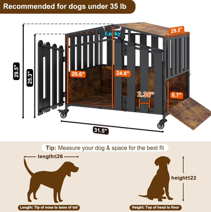 POAO Heavy Duty Dog Crate Furniture with 360°Wheels,Dog Kennel Indoor for Small Dogs,Wooden Dog Cage with Feeding Window &Name Tag
