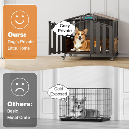 Amlancher Dog Crate Furniture, Heavy Duty Wooden Dog Kennel Indoor with 360° Wheels & Feeding Window, Elevated Roof Cabin Style Dog House for Large Dogs