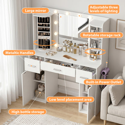 Amlancher Makeup Vanity Desk with Lighted Mirror and Rotating Jewelry Organizer, Bedroom Dressing Table with Charging Station
