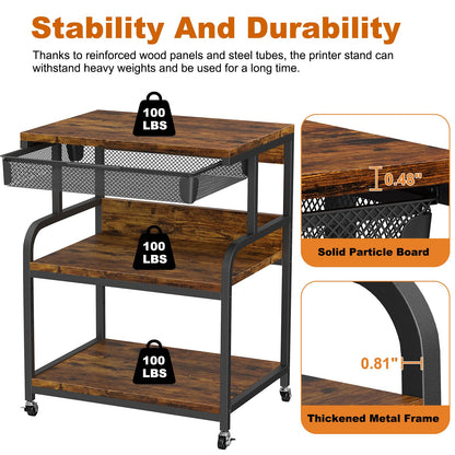 POAO Extra Large Printer Stand with Drawer, 5-Adjustable Heights 3 Tier Printer Table with Wheels, Rolling Printer Cart with Storage Shelf