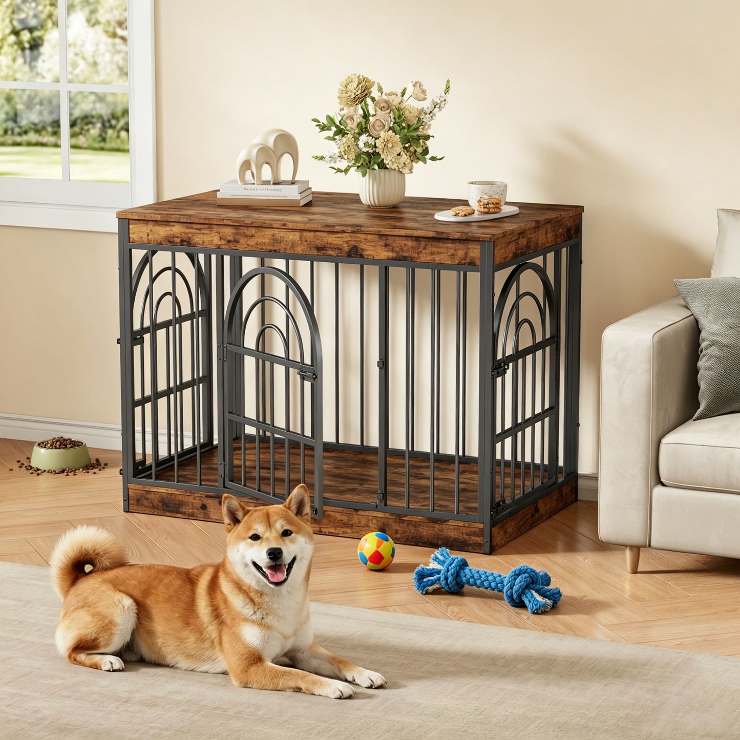 Amlancher Dog Crate Furniture for 2 Small Dogs, Heavy Duty Wooden Kennel with Removable Divider & Retro Round Door