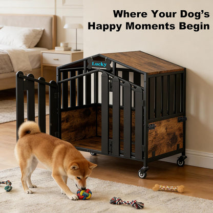 Amlancher Dog Crate Furniture, Heavy Duty Wooden Dog Kennel Indoor with 360° Wheels & Feeding Window, Elevated Roof Cabin Style Dog House for Large Dogs