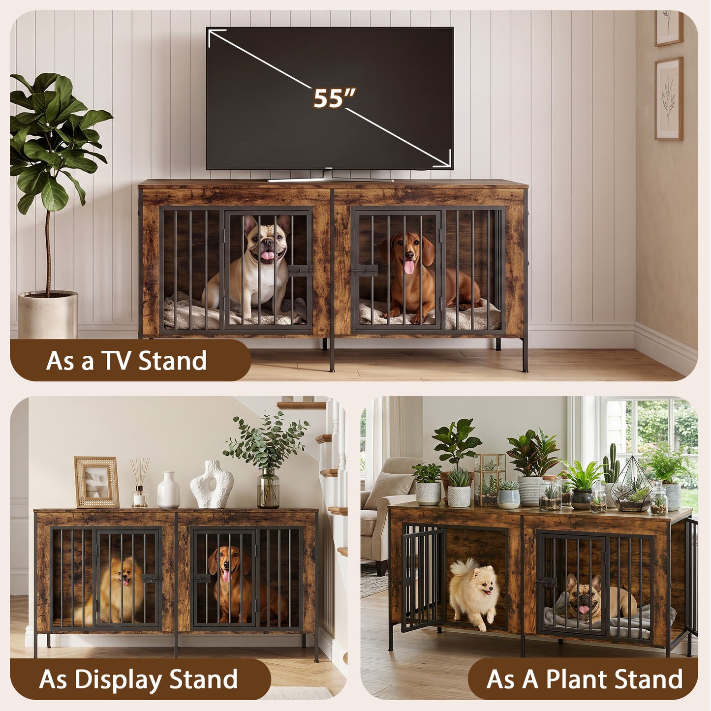 55" Double Dog Crate Furniture for Small to Medium Dogs (1–2 Dogs), Heavy Duty Wooden Kennel with Removable Divider & Raised Legs, Multi-Functional Indoor Pet Cage – TV/Plant/Display Stand, Brown