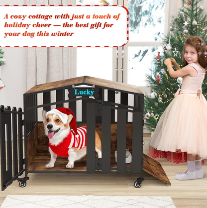 POAO Heavy Duty Dog Crate Furniture with 360°Wheels,Dog Kennel Indoor for Small Dogs,Wooden Dog Cage with Feeding Window &Name Tag