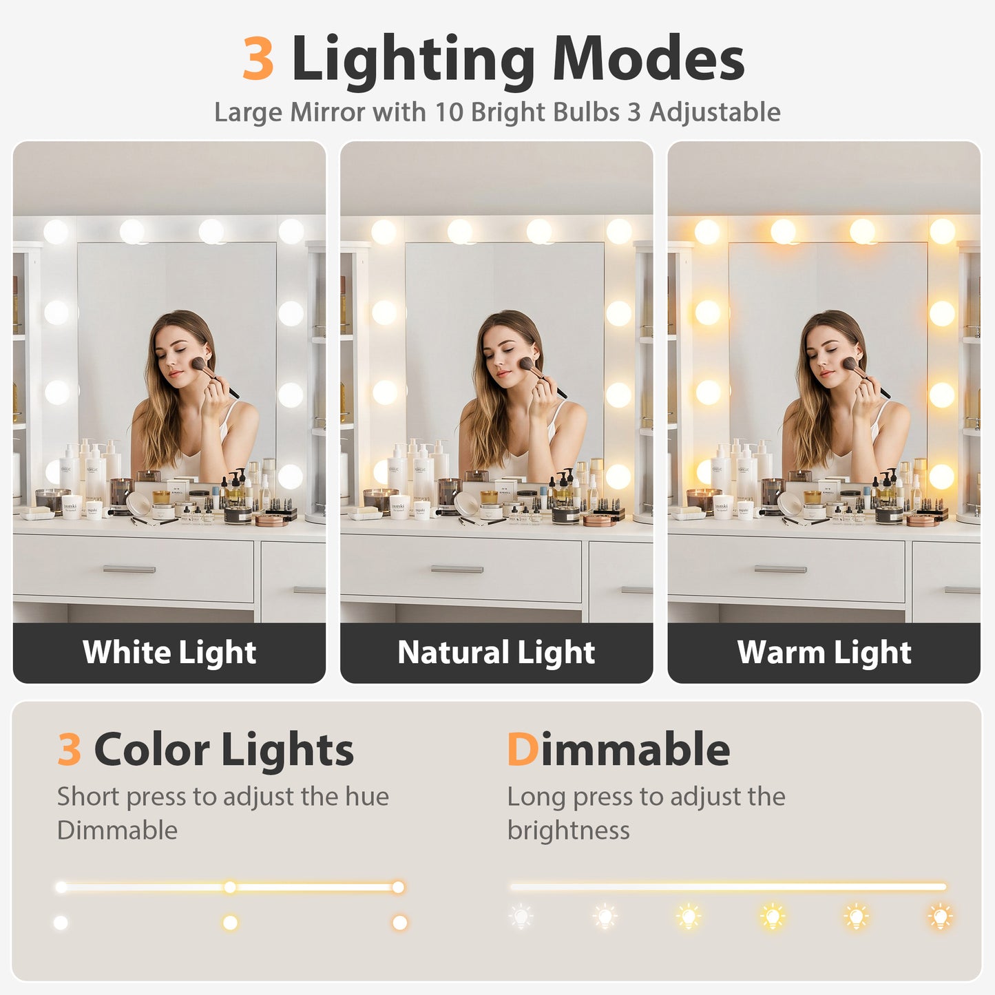 Amlancher Makeup Vanity Desk with Lighted Mirror and Rotating Jewelry Organizer, Bedroom Dressing Table with Charging Station