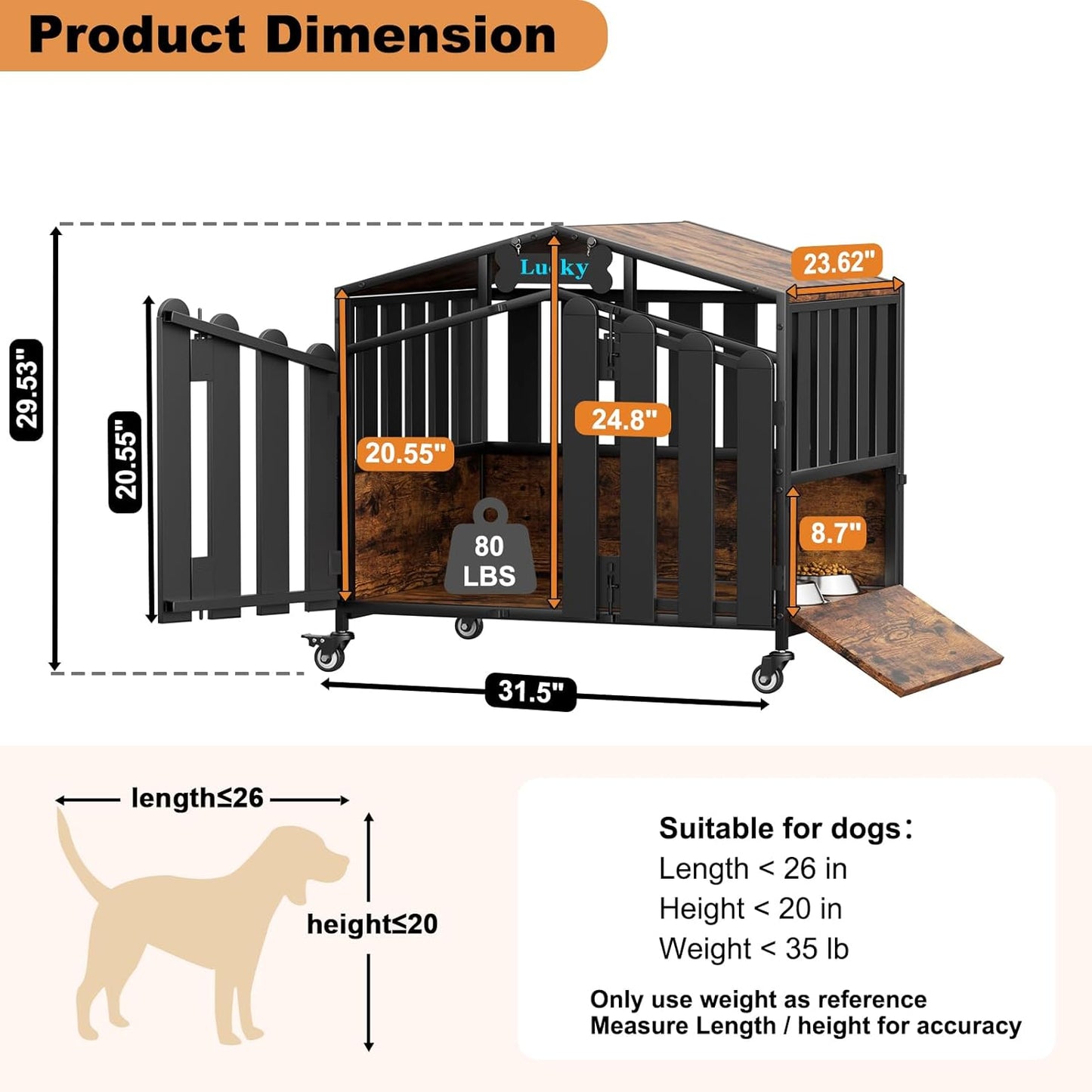 Amlancher Dog Crate Furniture, Heavy Duty Wooden Dog Kennel Indoor with 360° Wheels & Feeding Window, Elevated Roof Cabin Style Dog House for Large Dogs