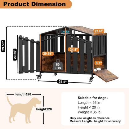 Amlancher Dog Crate Furniture, Heavy Duty Wooden Dog Kennel Indoor with 360° Wheels & Feeding Window, Elevated Roof Cabin Style Dog House for Large Dogs