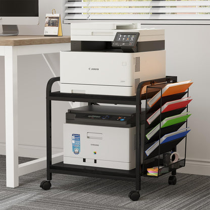 POAO Large Printer Stand with File Holder Organizer,Adjustable Height Shelf with Wheels,Rolling Printer Cart with Storage for Home Office,Rustic Brown