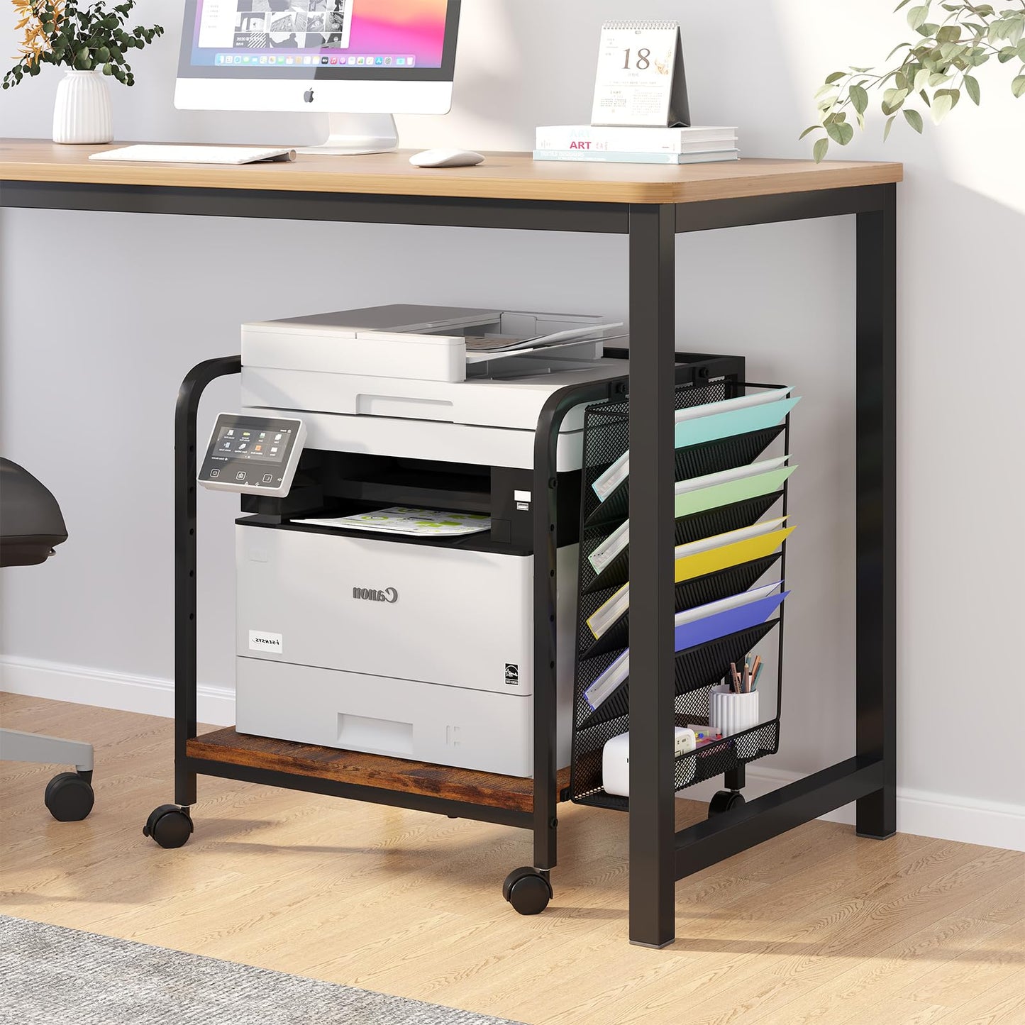 POAO Large Printer Stand with File Holder Organizer,Adjustable Height Shelf with Wheels,Rolling Printer Cart with Storage for Home Office,Rustic Brown
