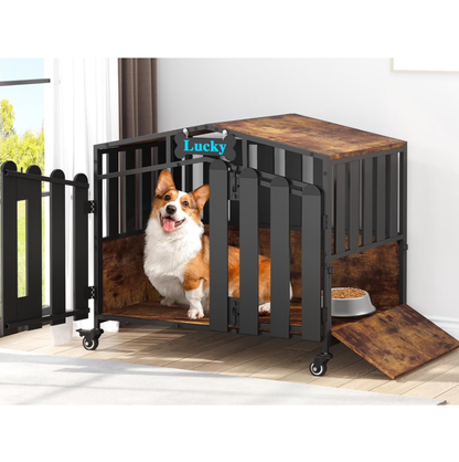 POAO Heavy Duty Dog Crate Furniture with 360°Wheels,Dog Kennel Indoor for Small Dogs,Wooden Dog Cage with Feeding Window &Name Tag