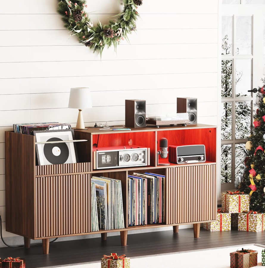 POAO 55" Record Player Stand with Power Outlets & LED Lights, Record Player Table Cabinet with Vinyl Record Storage for 500 Albums, Turntable Stand